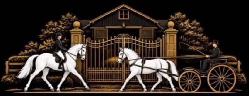 A rider on a grey horse and a pair of greys drawing a carriage, in front of Faircote's gates